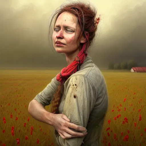 Image similar to full body portrait of a female farmer, untidy hair, highly detailed, dirty face, next to a red barn, digital painting, artstation, concept art, soft focus, depth of field, artgerm, tomasz alen kopera, peter mohrbacher, donato giancola, joseph christian leyendecker, wlop, boris vallejo