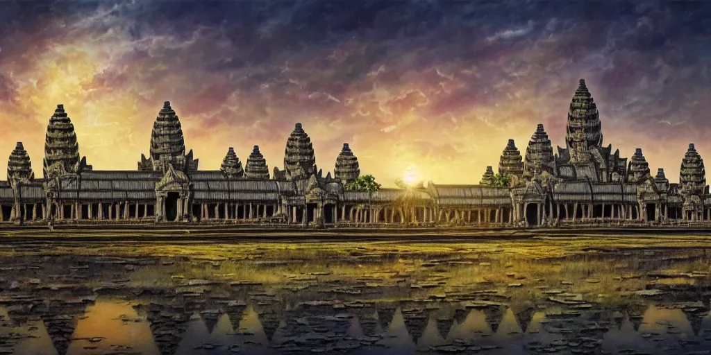 Prompt: fantasy oil painting, mega structure city of angkor wat, fantasy, colossal, gate, looming, small buildings, warm lighting, street view, silhouetted figure standing overlooking, space port city, epic, distant mountains, bright clouds, luminous sky, cinematic lighting, michael cheval, david palladini, artstation, oil painting, vray, 8 k hd