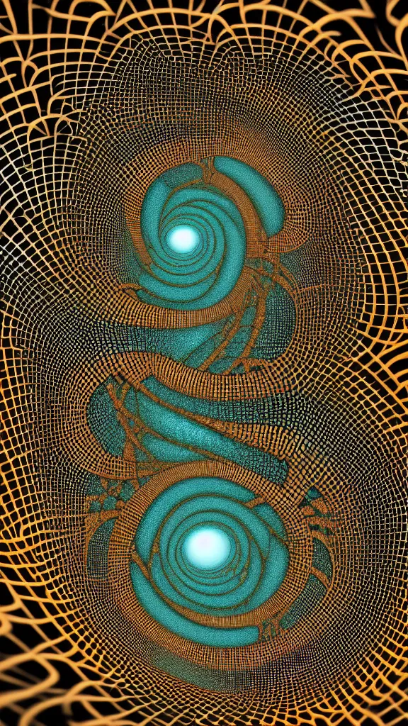 Image similar to 3d fractal wallpaper by Escher, geometrical figures, mandelbulb, fragmentarium, 3d effect, picture through the screen, spirals tubes roots, completely filled space, psychedelic!!, 3d fractal background, digital art, high details, depth of field, hard lighting!, trending on artstation, deviantart, octane render, HD, (((Low light))), 8k, eric zener, zdzisław beksiński, dark background