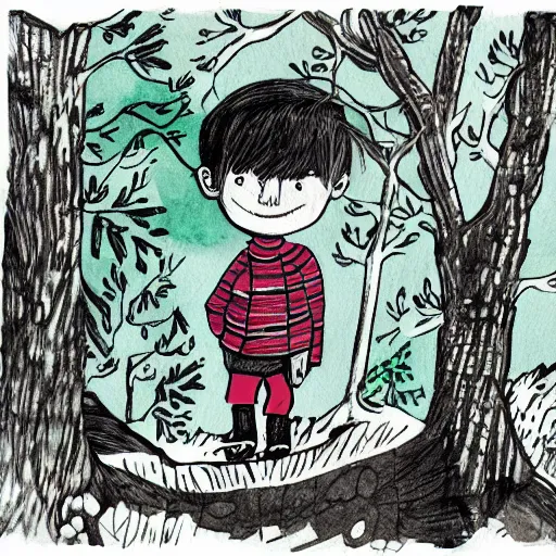 Image similar to mcbess illustration, watercolor, of a little boy with a backpack in a forest