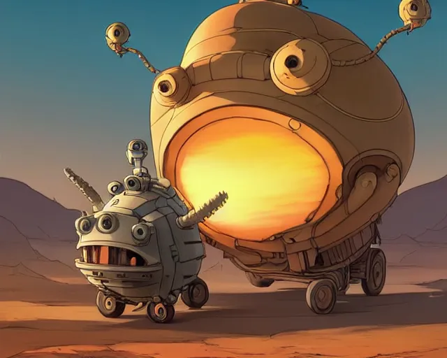 Image similar to a cell shaded cartoon giant grey lovecraftian mechanized turtle from howl's moving castle ( 2 0 0 4 ), with a big head, on a desert road, wide shot, sunset, golden hour, post grunge, concept art by josan gonzales, wlop, by james jean, victor ngai, hq, deviantart, art by artgem