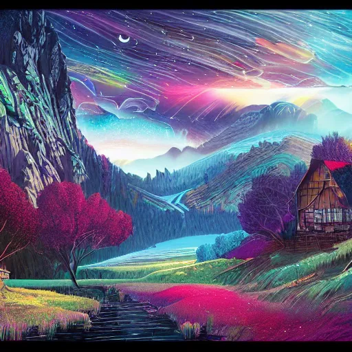 Image similar to Futurescape, rainbows, unicorns, highly detailed landscape art, 8k, 4k, trending on CGSOCIETY :: by Dan Mumford