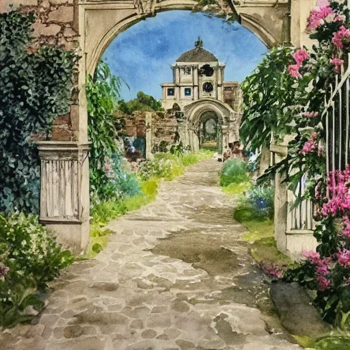 Image similar to delicate, garden, paved, botanic watercolors, iridescent, 8 k, realistic shaded, fine details, artstation, italian, chairs, iron gate, oak tree, pompeii