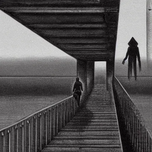 Image similar to a couple of humans walking across a metallic bridge, by h. r. giger