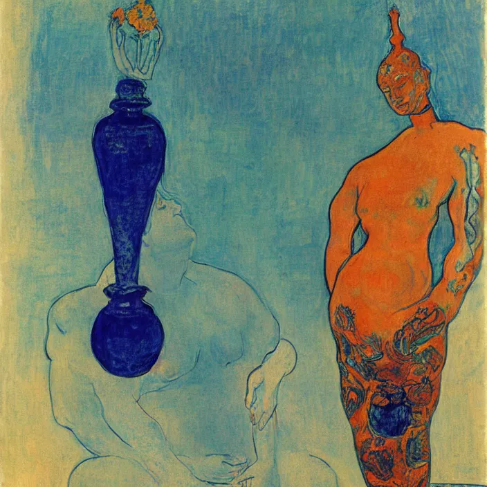 Image similar to tantric deity with vase. indigo blue, turquoise, cinnabar. henri de toulouse - lautrec, ferdand hodler, egon schiele, gauguin