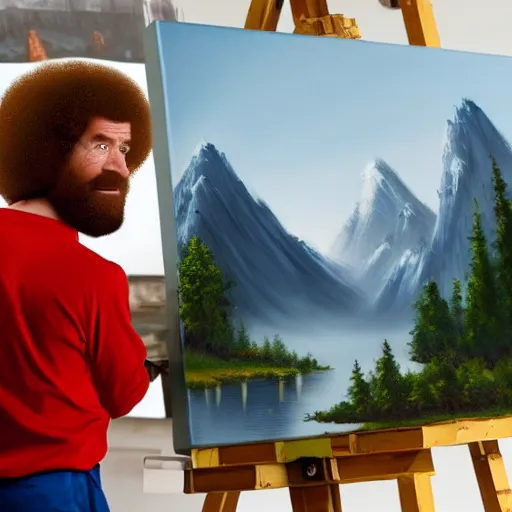 Image similar to a closeup photorealistic photograph of bob ross working on a canvas painting of spiderman. film still. brightly lit scene. mountains and trees. this 4 k hd image is trending on artstation, featured on behance, well - rendered, extra crisp, features intricate detail, epic composition and the style of unreal engine.