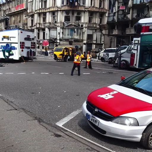 Image similar to a convertible car hit by an ambulance with the flashing light on at an intersection in a european city