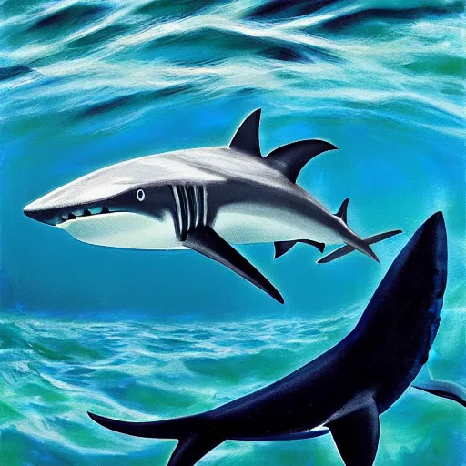 Prompt: joe biden sharkman swimming underwater, shark - human face, impressionism
