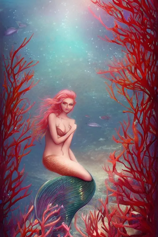 Image similar to beautiful mermaid swimming through coral reefs by charlie bowater