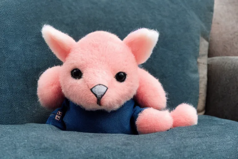 Image similar to a high quality 3 5 mm photo of a pink chubby stuffed animal kangaroo with dark blue shirt sitting on a couch, an ultrafine detailed photo, trending on artstation, sharp focus, baby toy