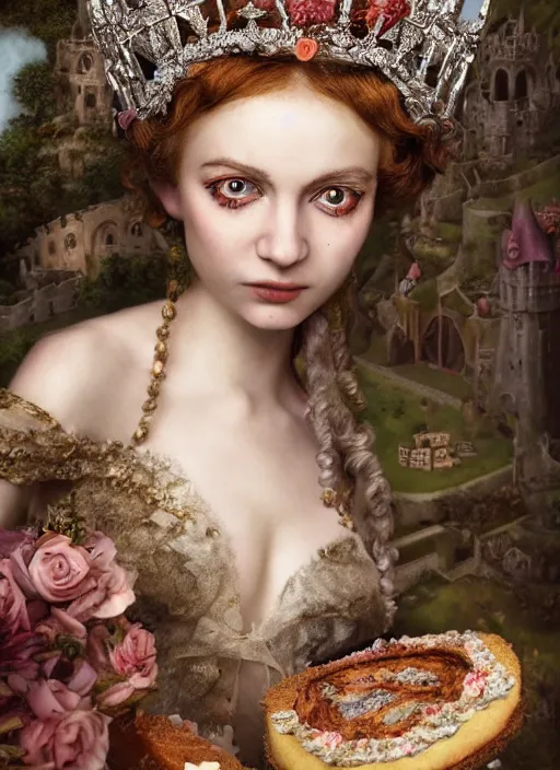 Image similar to closeup medieval otto dix face portrait of a fairytale princess wearing a crown eating cakes in the castle, bikini, depth of field, zeiss lens, detailed and intricate environment, fashion photoshoot by nicoletta ceccoli, mark ryden, lostfish, breathtaking, 8 k resolution, extremely detailed, beautiful, establishing shot, artistic, hyperrealistic, octane render