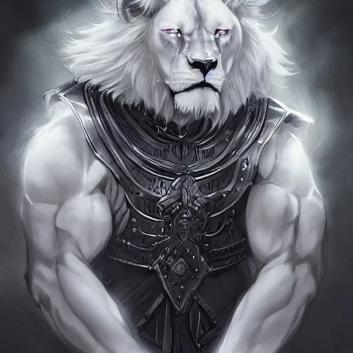 Image similar to anthropomorphic male muscular albino white lion, wearing beautiful vikings armor, darkness aura red light, fantasy, dark, black and white high contrast portrait, character design by charlie bowater, ross tran, artgerm, and makoto shinkai, detailed, inked, western comic book art, 2 0 2 1 award winning film poster paintingy