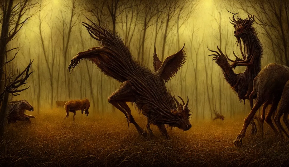 Image similar to epic professional digital art of hungry eyes, ambient golden light, painted, mysterious, cinematic terrifying prairie animals scene, eerie, mythic, detailed, intricate, grand, leesha hannigan, wayne haag, reyna rochin, ignacio fernandez rios, mark ryden, van herpen, artstation, cgsociety, epic, stunning, gorgeous, wow wow detail