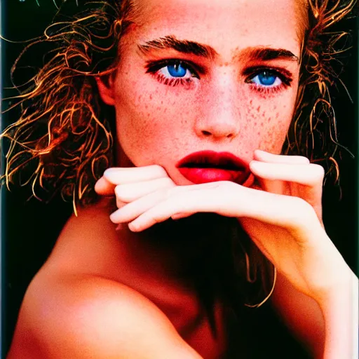 Image similar to a beautiful professional photograph by herb ritts, arthur elgort and ellen von unwerth for vogue magazine of a beautiful lightly freckled and unusually attractive female fashion model looking at the camera in a flirtatious way, zeiss 5 0 mm f 1. 8 lens