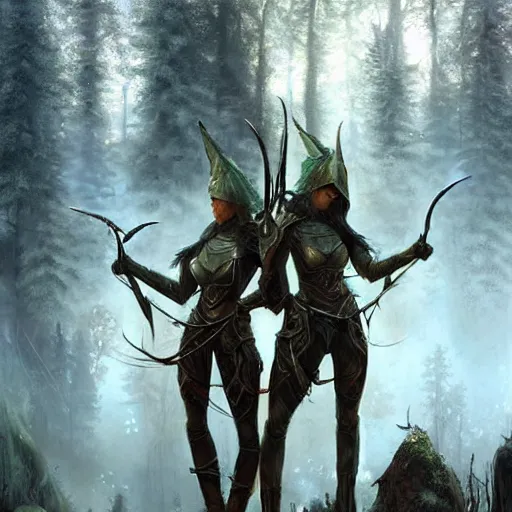 Image similar to elves with armors foot soldiers in rivendel forest city, epic masterpiece of cinematographic hyperrealism, realistic shaded lighting poster by craig mallismo, artgerm, jeremy lipkin and michael garmash, unreal engine, radiant light, detailed and intricate environment, digital art, art station trends