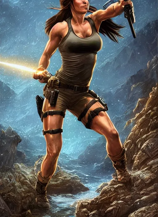 Image similar to muscled Sandra Bullock as Lara Croft as a ruggedly handsome heroine jumping off a glowing artifact lodged in shallow water, intricate, elegant, highly detailed, artstation, concept art, smooth, sharp focus, illustration, bokeh art by artgerm and donato giancola and Joseph Christian Leyendecker, WLOP, fireflies, distant snowstorm