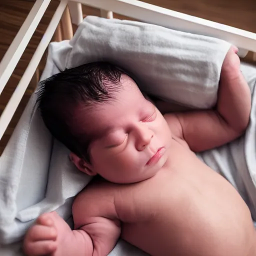 Image similar to huge muscles bodybuilder baby sleeping in a crib, newborn picture, barrel chested, rippling muscles, huge veins, bulging muscles, ripped, award winning photography, high detail