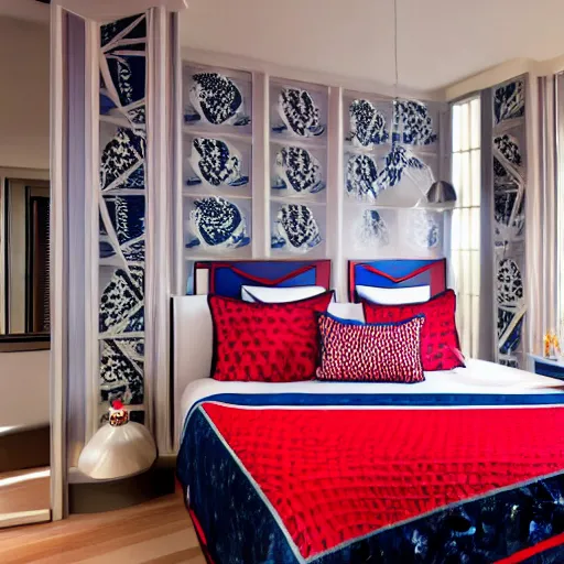 Image similar to designer photography of hotel room themed to spider - man motif. bed has spider - man blankets. wall has spider - man pattern. furniture has spider - man motif. furniture is shaped like spider - man furniture. carpet has spider - man motif. lighting has spider - man film shapes