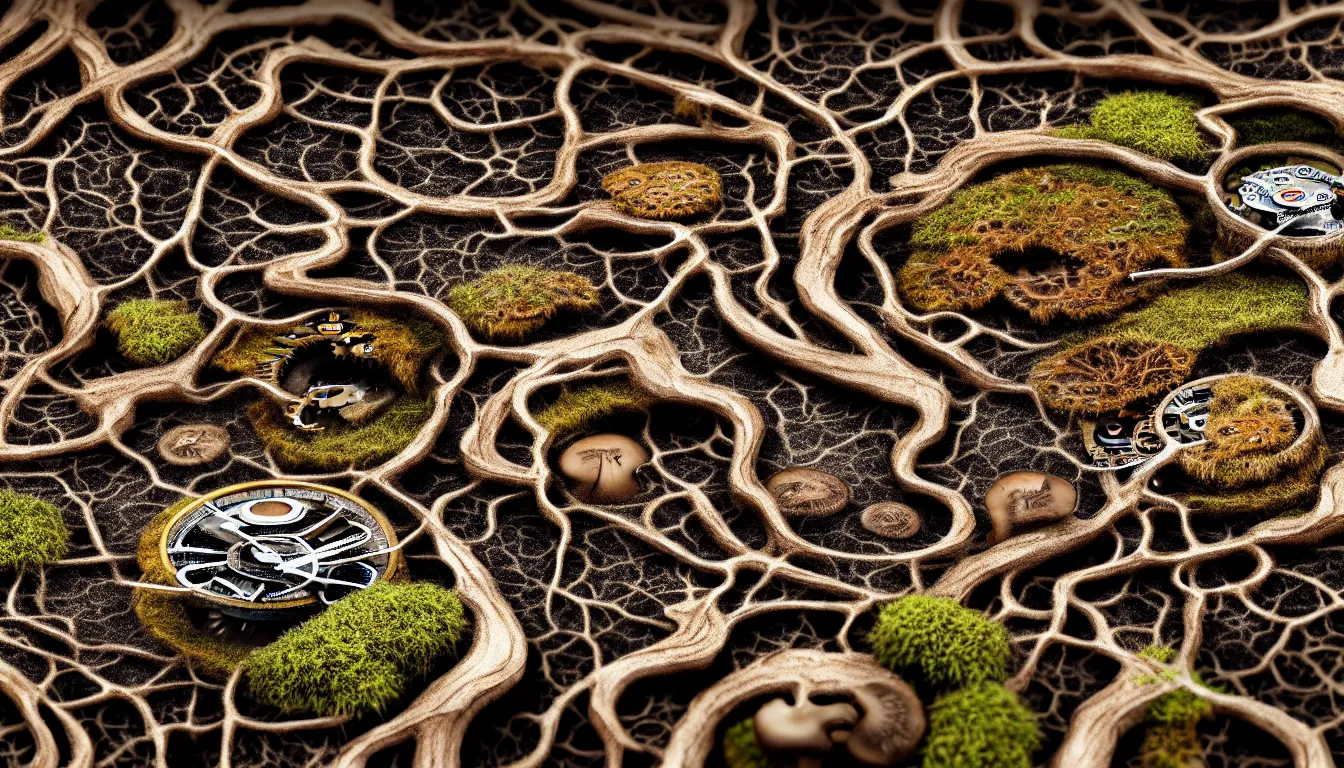 Image similar to detailed view from inside wet ink a clockwork watch bone landscape, entangled roots covered in mushrooms, cracked earth, growing living spore microorganisms, decaying, rusty, hyper realistic photo, full colour, upscale, 8 k