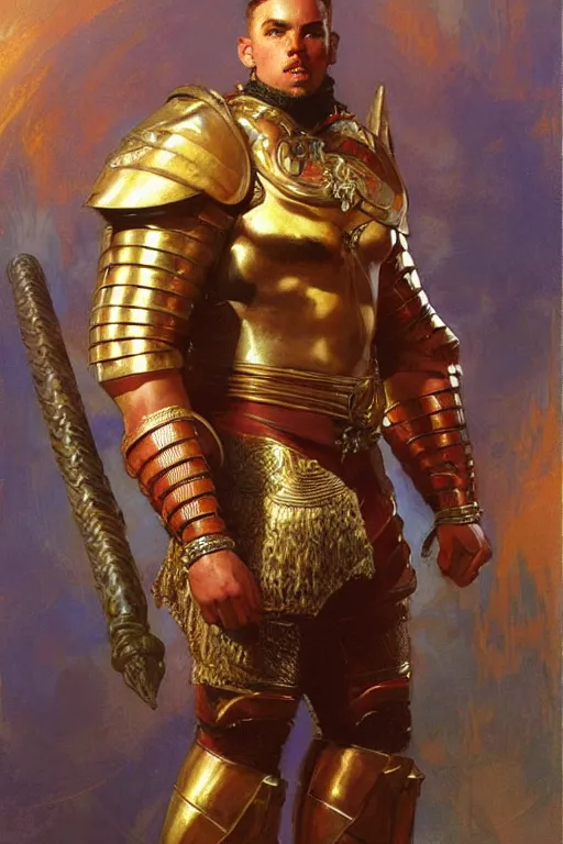 Image similar to attractive beefy male with armor, character design, colorful, afrofuturism, painting by gaston bussiere, craig mullins, j. c. leyendecker, tom of finland