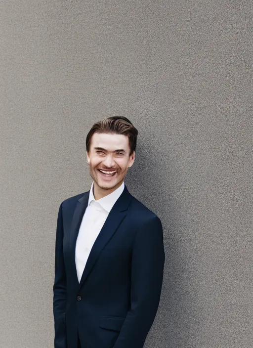 Image similar to a suturereal portrait of a man with a heavy look and a light smile, in a suit from raf jan simons, perfect facial proportions, smooth skin, bright background color, golden ratio, clear perspective, perfect composition, dramatic, 8 k