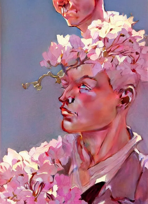 Prompt: androgynous cute pink haired male, muted colors, colorful flowers, sunlight filtering through skin, j. c leyendecker, by alan lee, wlop! illustrated by starember, fantasy art by craig mullins cfg _ scale 9