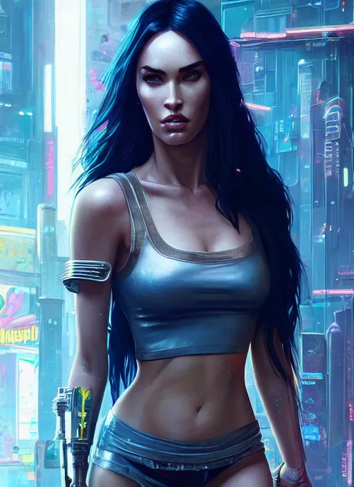 Image similar to highly detailed portrait of megan fox in cyberpunk 2 0 7 7, stephen bliss, unreal engine, greg rutkowski, loish, rhads, beeple, makoto shinkai and lois van baarle, ilya kuvshinov, rossdraws, tom bagshaw, alphonse mucha, global illumination, god rays, detailed and intricate environment