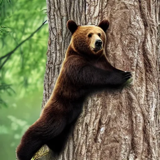 Image similar to bear hiding in a tree, realistic