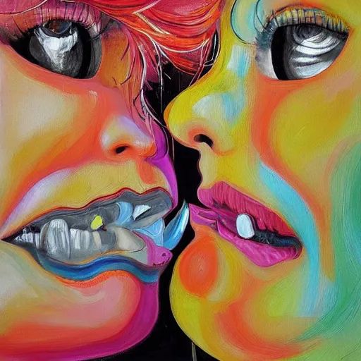 Image similar to expressive painting by francesca sundsten of two bizarre psychedelic femme creatures kissing each other closeup, speculative evolution, exobiology