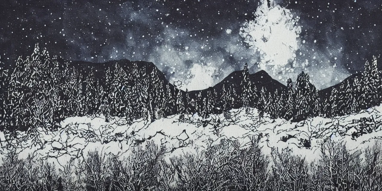 Prompt: laurentian appalachian mountains during winter, original and creative black ink surrealist landscape artwork, snowy night, aurora borealis, fascinating textures, drips