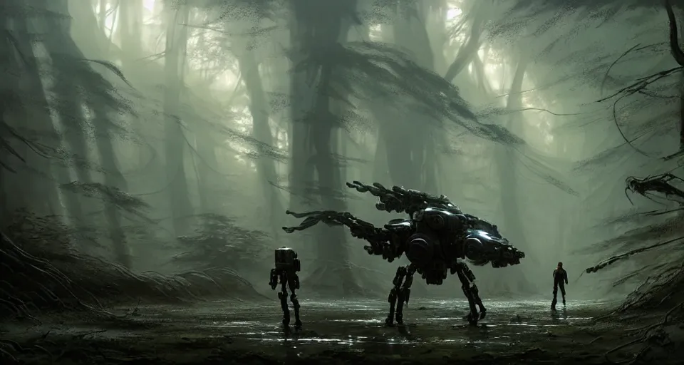 Image similar to hyper realistic sci - fi matte concept art painting of mecha walking through an alien forest, beautiful details, strong composition painted by kim jung guweta studio rutkowski, james gurney and greg rutkowski, and lucasfilm, smooth, intricate, detailed, sharp focus, cinematic