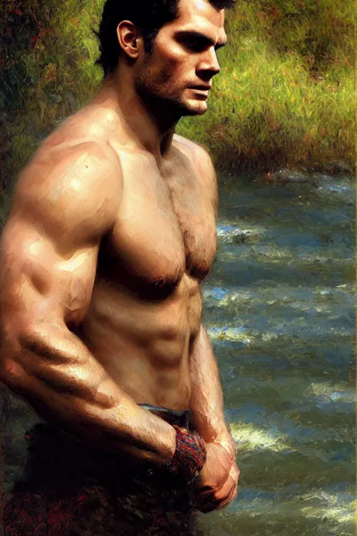 Prompt: henry cavill by river, painting by gaston bussiere, craig mullins