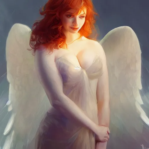 Image similar to Portrait of a Christina Hendricks with angel wings, and a glowing halo, white lighting, digital art by Ruan Jia and Mandy Jurgens and Artgerm, highly detailed, trending on artstation, award winning,