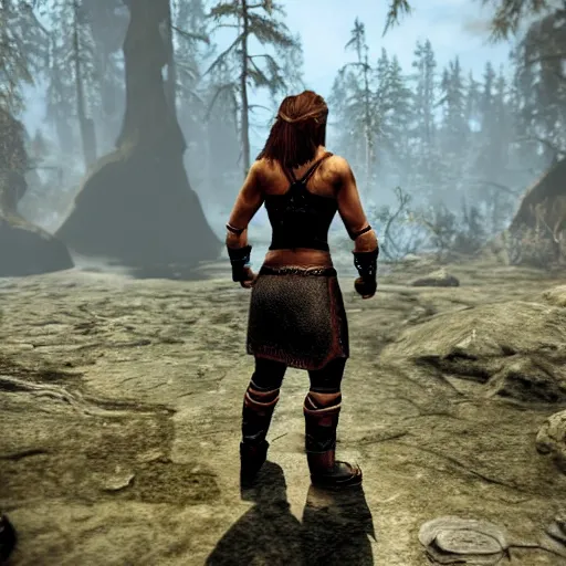 Prompt: character screenshot of ufc ronda rousey dc in skyrim, female armor, npc talking, wilderness, 1 0 8 0 p, bokeh, elder scrolls v, detailed, dialog text