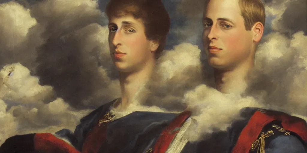 Image similar to painting of prince william, duke of cambridge with heavenly angels surrounding him with heavenly clouds in the background