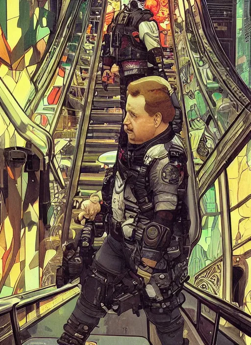 Prompt: cyberpunk paul blart falling down escalator. portrait by ashley wood and alphonse mucha and laurie greasley and josan gonzalez and james gurney. spliner cell, apex legends, rb 6 s, hl 2, d & d, cyberpunk 2 0 7 7. realistic face. vivid color. dystopian setting.