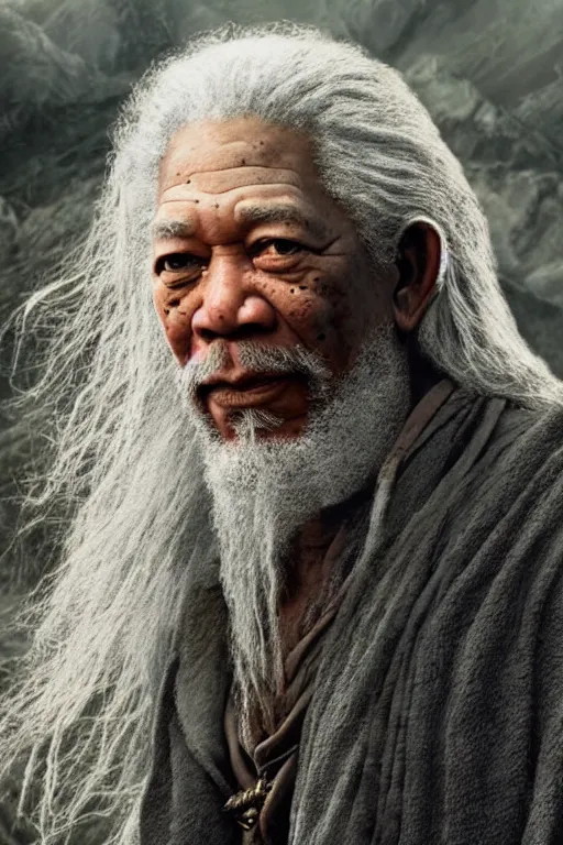 Image similar to morgan freeman starring as gandalf in lord of the rings, oil on canvas, intricate, 8 k highly professionally detailed, hdr, cgsociety