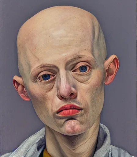 Prompt: a high quality, high detail, portrait of an attractive non - binary bald person by lucian freud