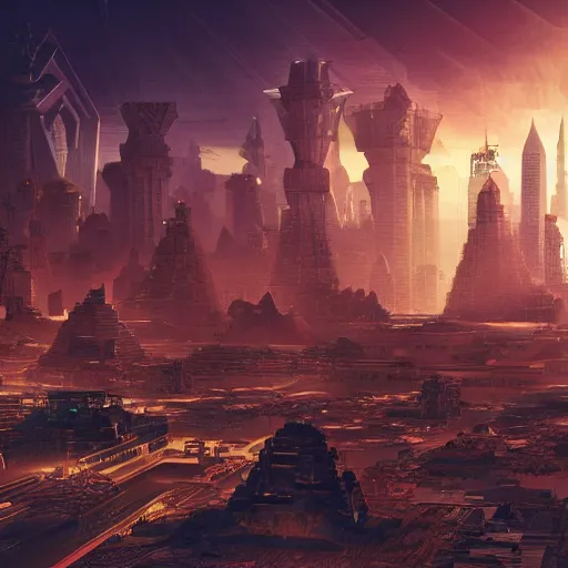 Image similar to a scene of a beautiful intricate epic futuristic pharaoh city with cyber pyramids and neo sphynx with steampunk vehicles taken from a distance, minimalist, cinematic lighting