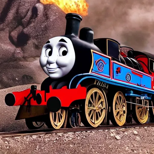 Image similar to thomas the tank engine, mad max fury road, highly detailed, high quality, high resolution