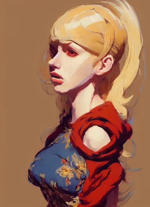 Image similar to a blonde woman wearing medieval tapestry as clothing, by jesper ejsing, ilya kuvshinov, greg rutkowski on artstation