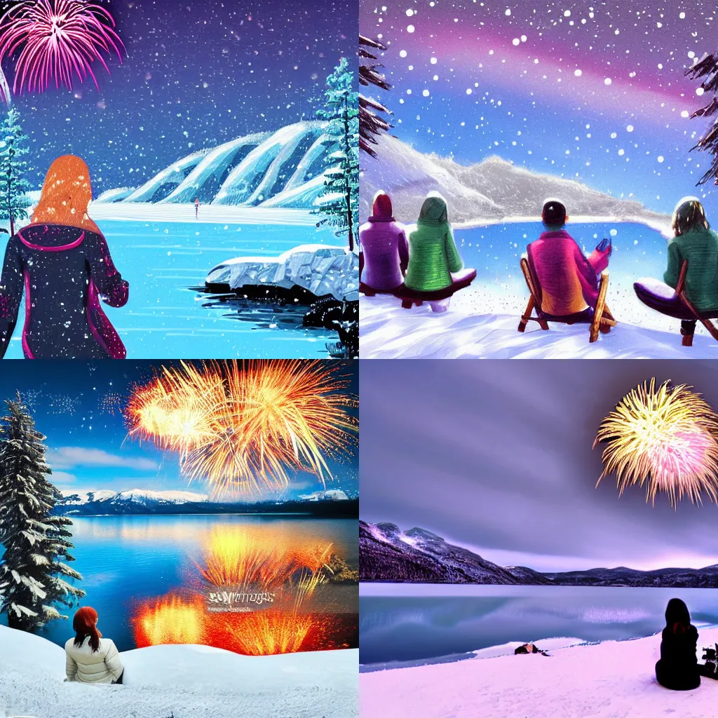 Prompt: A lake between mountains, winter, snow is falling, women watches firework, cartoon, 2D