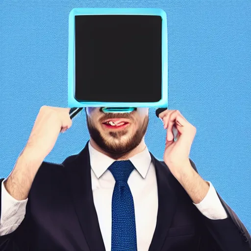 Image similar to a man in a suit wearing a tv on his head, head replaced with a tv, tv covering head