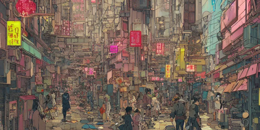 Prompt: a cyberpunk hong kong alley with robots and humans walking around by moebius, takashi murakami color palette, clear details