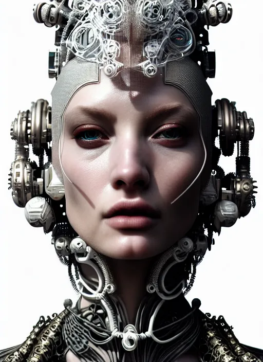 Image similar to portrait of an absurdly beautiful, graceful, sophisticated, fashionable cyberpunk mechanoid, hyperdetailed illustration by irakli nadar and alexandre ferra, intricate linework, white porcelain skin, faberge, coral headdress, unreal engine 5 highly rendered, global illumination, radiant light, detailed and intricate environment