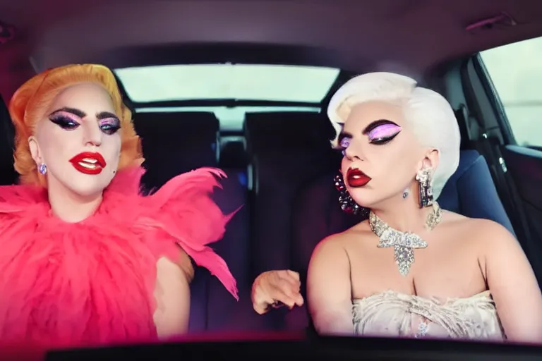 Image similar to lady gaga and judy garland in carpool karaoke, lady gaga, judy garland, red weapon 8 k s 3 5, cooke anamorphic / i lenses, highly detailed, cinematic lighting