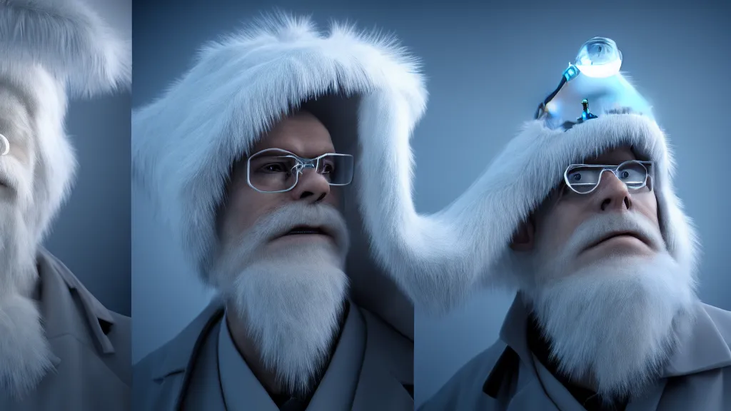 Image similar to a scientist who wears a scientist coat and has a yeti head for a head, 4 k, photorealistic, dramatic lighting