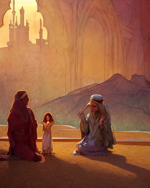 Prompt: bedouin in the desert worshipping in the mosque, highly detailed, gold filigree, romantic storybook fantasy, soft cinematic lighting, award, disney concept art watercolor illustration by mandy jurgens and alphonse mucha and alena aenami, pastel color palette, featured on artstation