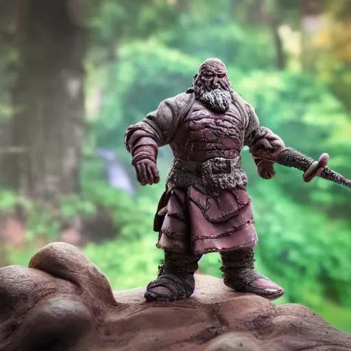 Image similar to high - res photograph of a claymation sculpture action figure warrior dwarf, highly detailed sculpey diorama, forest setting, waterfall backdrop, smooth, sharp foccus, commercial product photography,