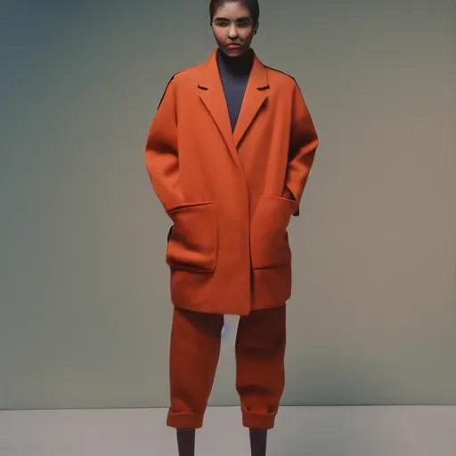 Image similar to realistic photoshooting for a new balenciaga lookbook, color film photography, portrait of a beautiful woman, set design by wes anderson, in style of Tyler Mitchell, 35mm,